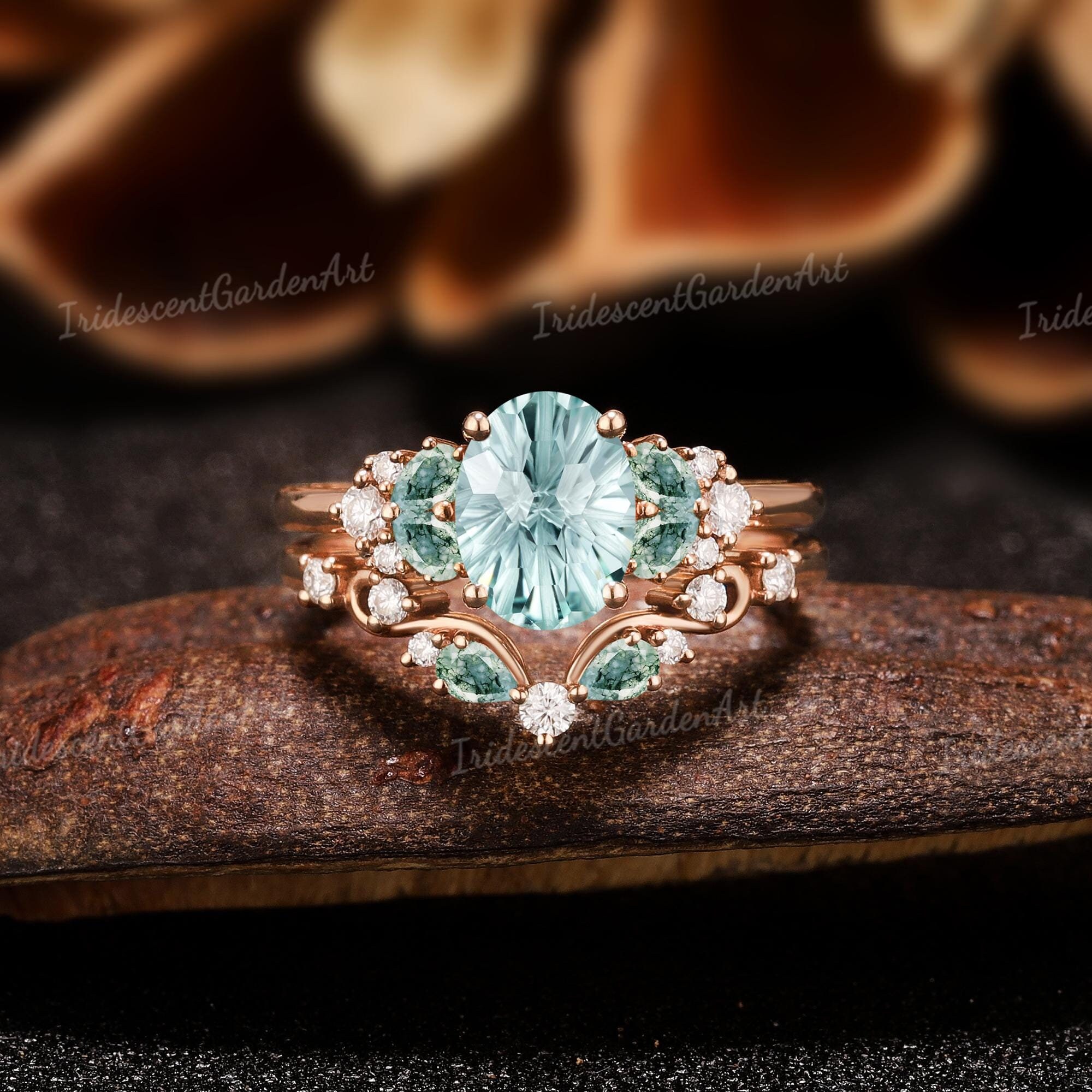 Fireworks Cut Green Sapphire Engagement Ring Set Dainty Moss Agate ...