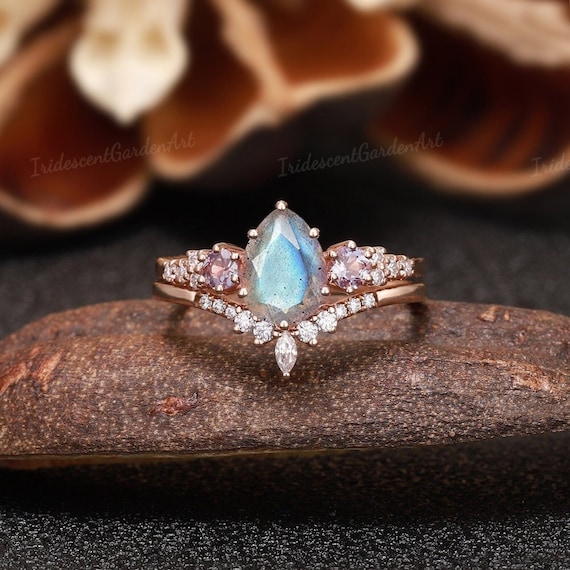 Vintage Labradorite Engagement Ring Set Alexandrite Ring Rose Gold