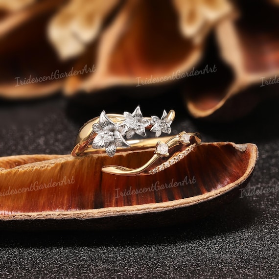 Lily Ring Moissanite Gold Two Tone Rings For Women Nature Inspire Floral Ring Birth Flower Diamond Wedding Ring Art Deco Mothers Day Gift