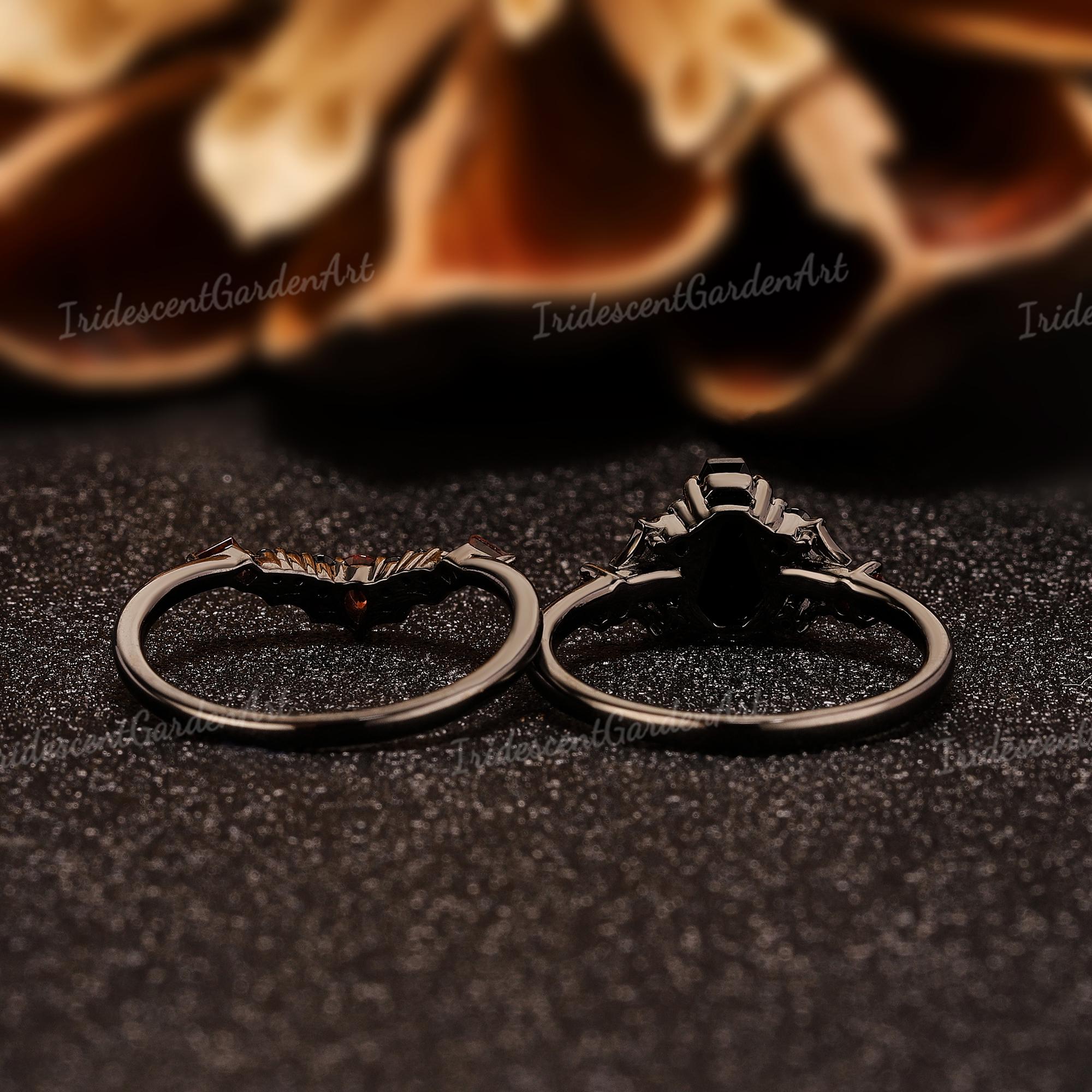 Spider Web Coffin Black Onyx Gothic Engagement Ring Set Black Gold