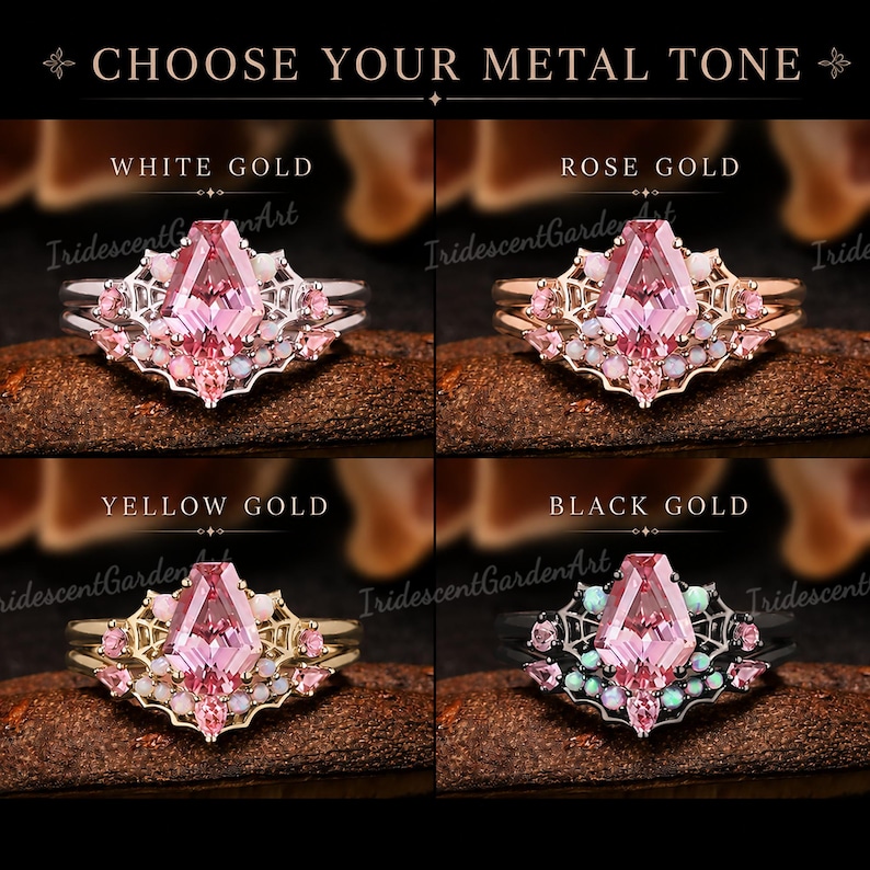 May include: A set of four rings displayed with the text CHOOSE YOUR METAL TONE. Each ring features a central pink coffin-cut stone, a spiderweb design, and small accent stones in white gold, rose gold, yellow gold, and black gold settings.