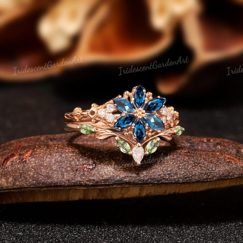 London Blue Topaz Flower Ring Nature Inspired Leaf Floral Ring Set ...