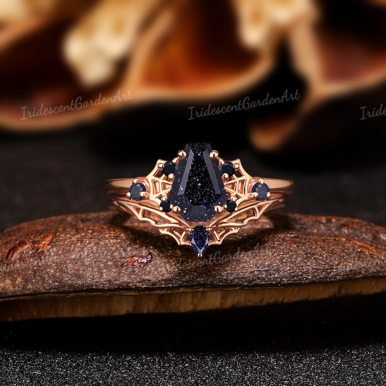 Coffin Blue Sandstone Engagement Ring Set Black Onyx Wedding Ring Set Spider Web Gothic Rings For Women Halloween Jewelry Dark Academia Art