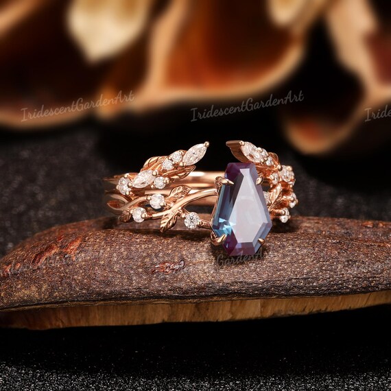 Unique Coffin Cut Alexandrite Engagement Ring Set Nature Leaf