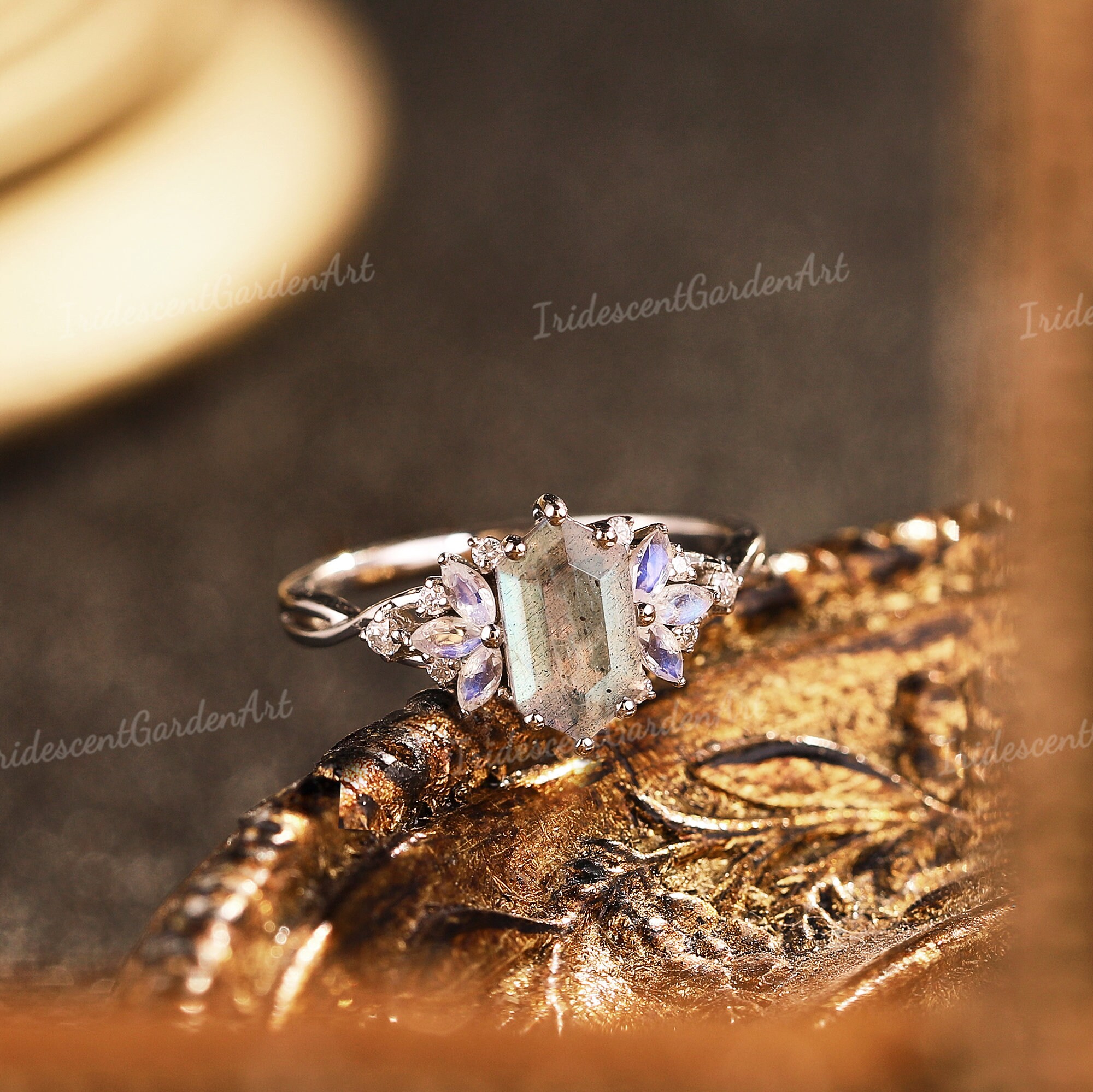 Labrine Engagement Rings Unique Labradorite Engagement Ring Elongated Hexagon Labradorite ...