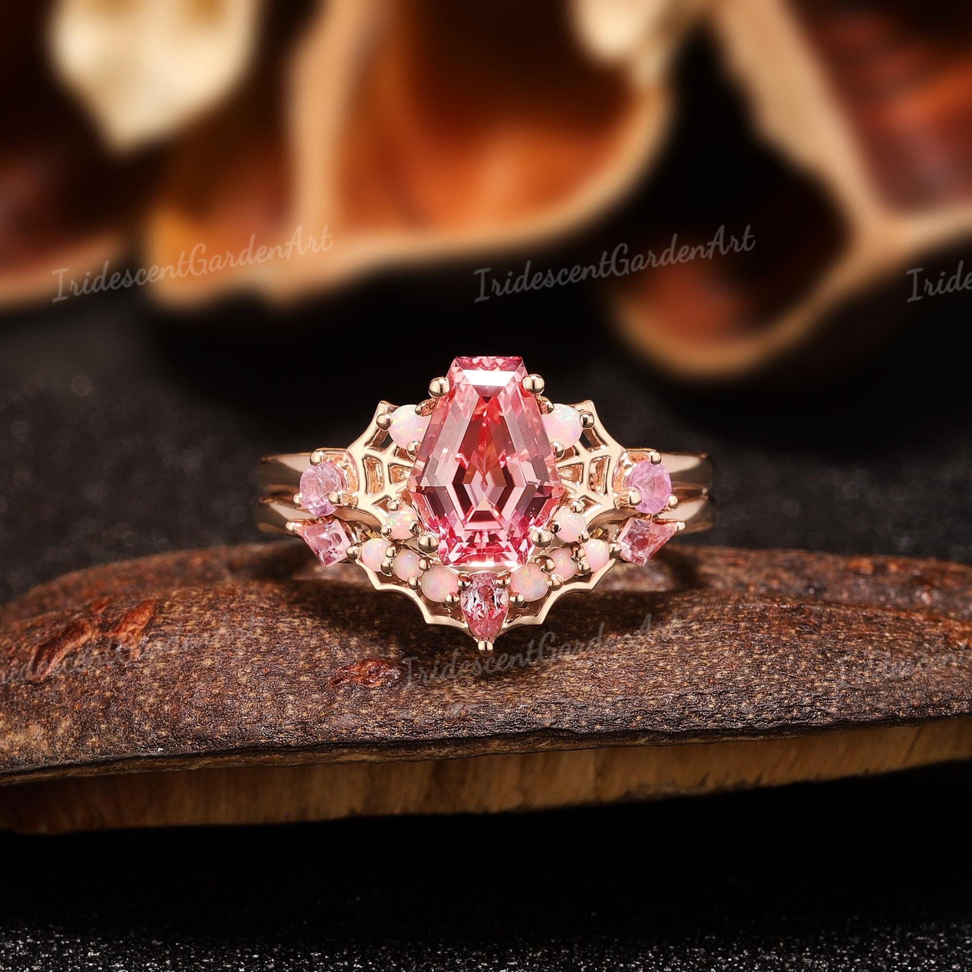 Spider Web Coffin Pink Sapphire Engagement Ring Set Rose Gold Opal 