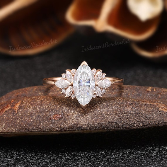 Marquise Moissanite Engagment Ring Rose Gold Moissanite Cluster