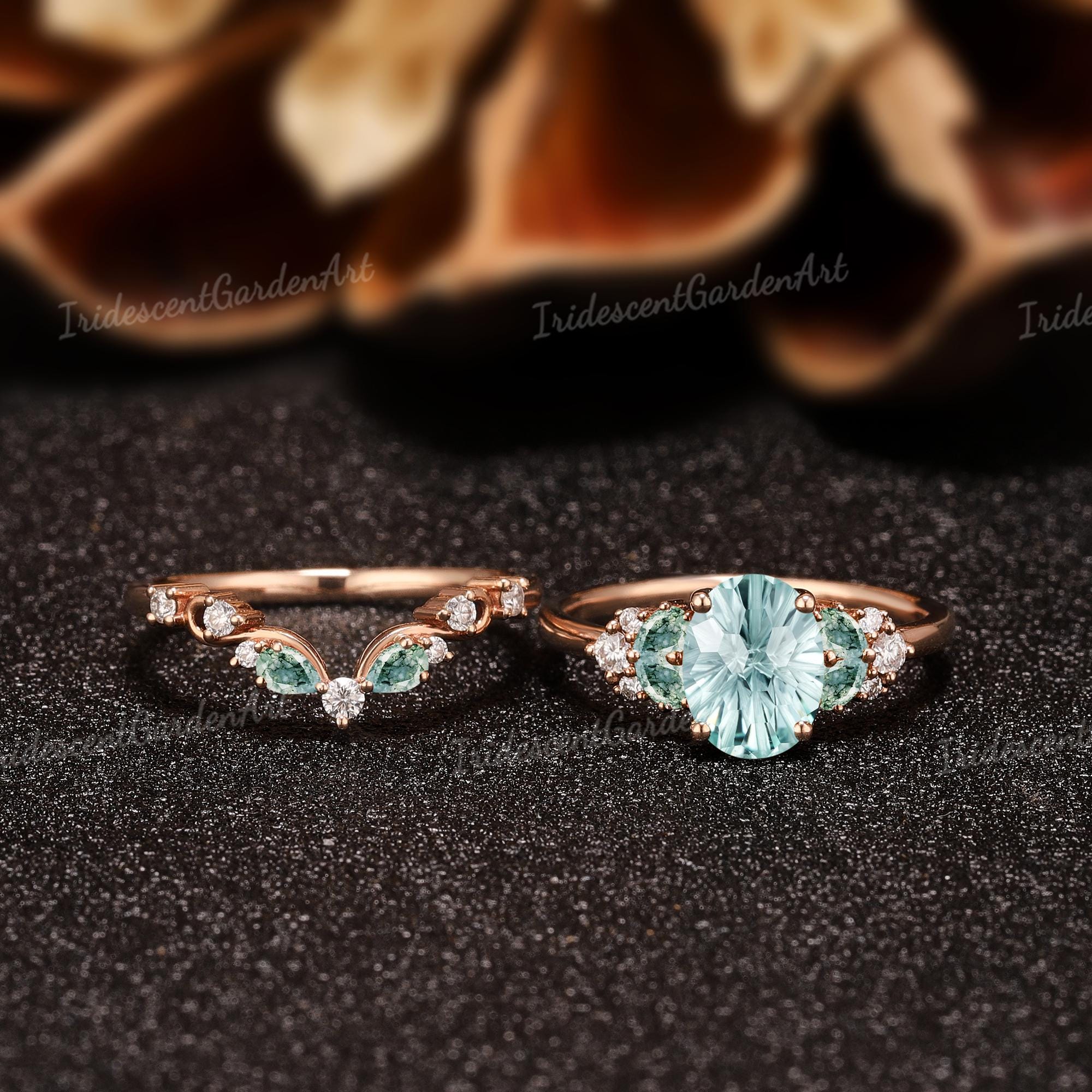 Fireworks Cut Green Sapphire Engagement Ring Set Dainty Moss Agate ...