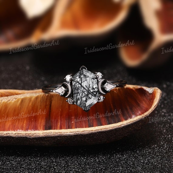 Hexagon Black Rutilated Quartz Engagement Ring Moon Gothic Rings