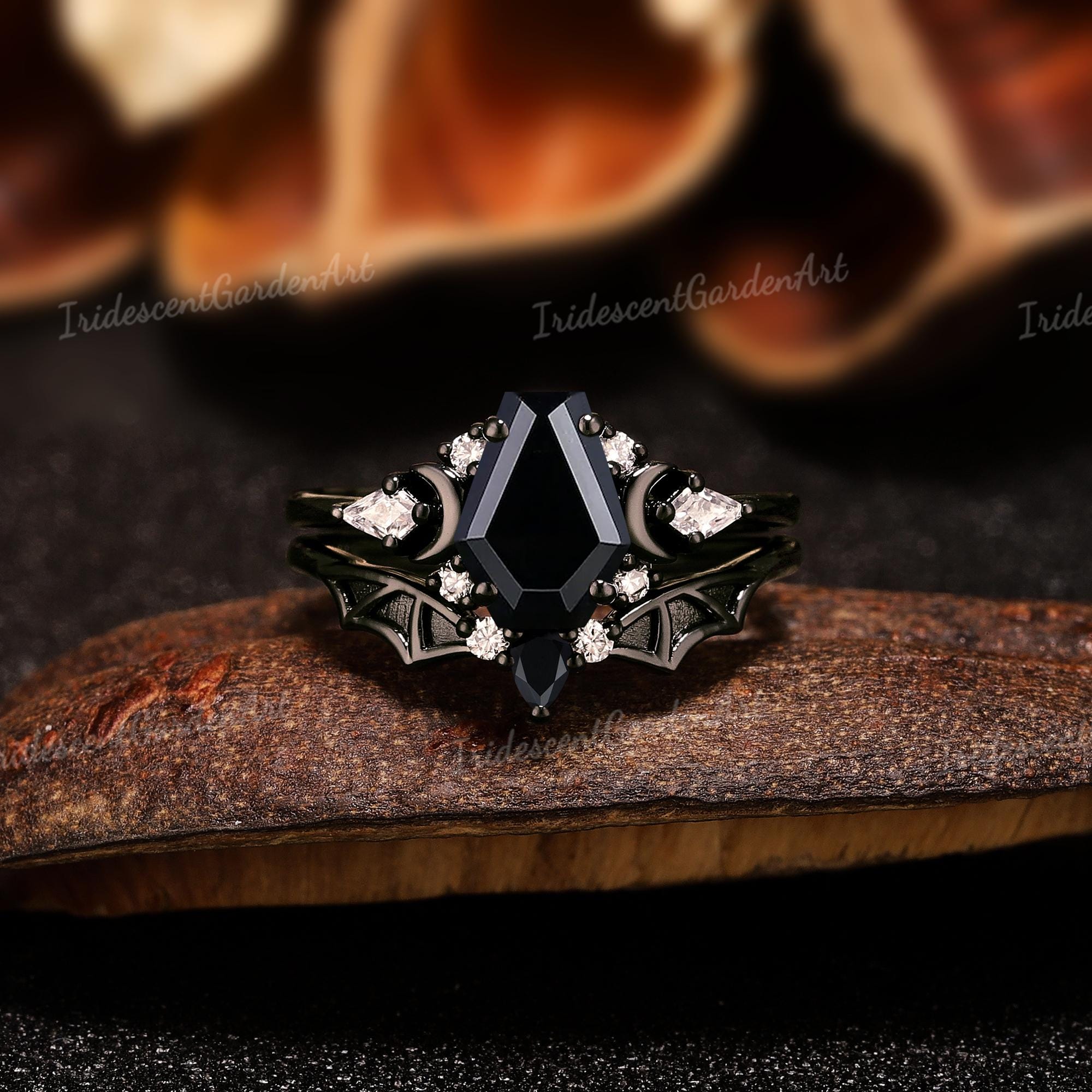Coffin Black Onyx Engagement Ring Set Black Gold Gothic Rings For Women Moon Vampire Bat Wings Ring Moissanite Wedding Ring Witchy Jewelry