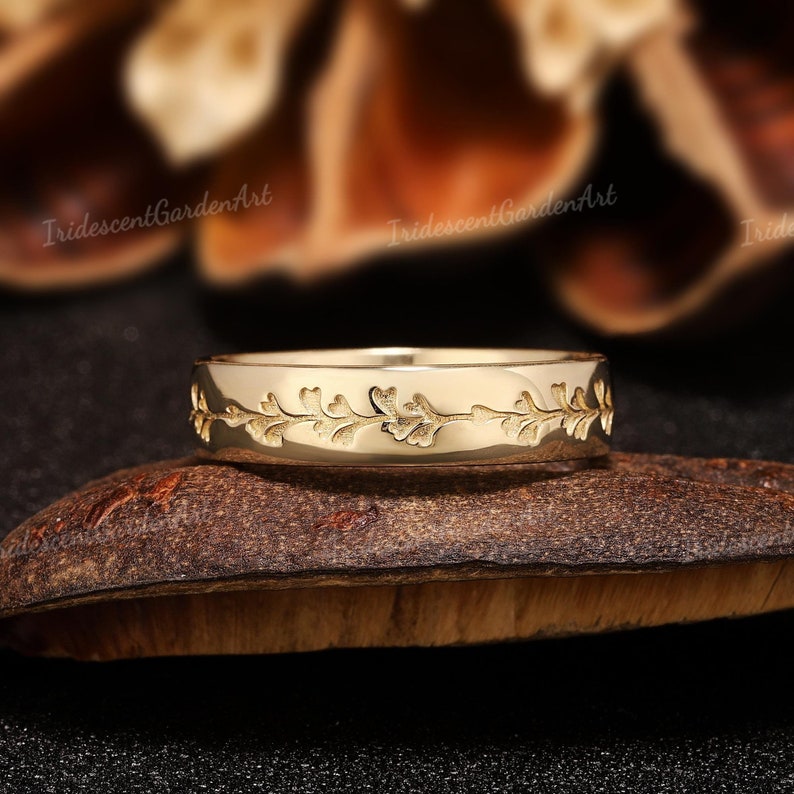 Mens Stackable Rings Art Deco Mens Wedding Ring Natural Leaf Engraved Wedding Band Solid ...