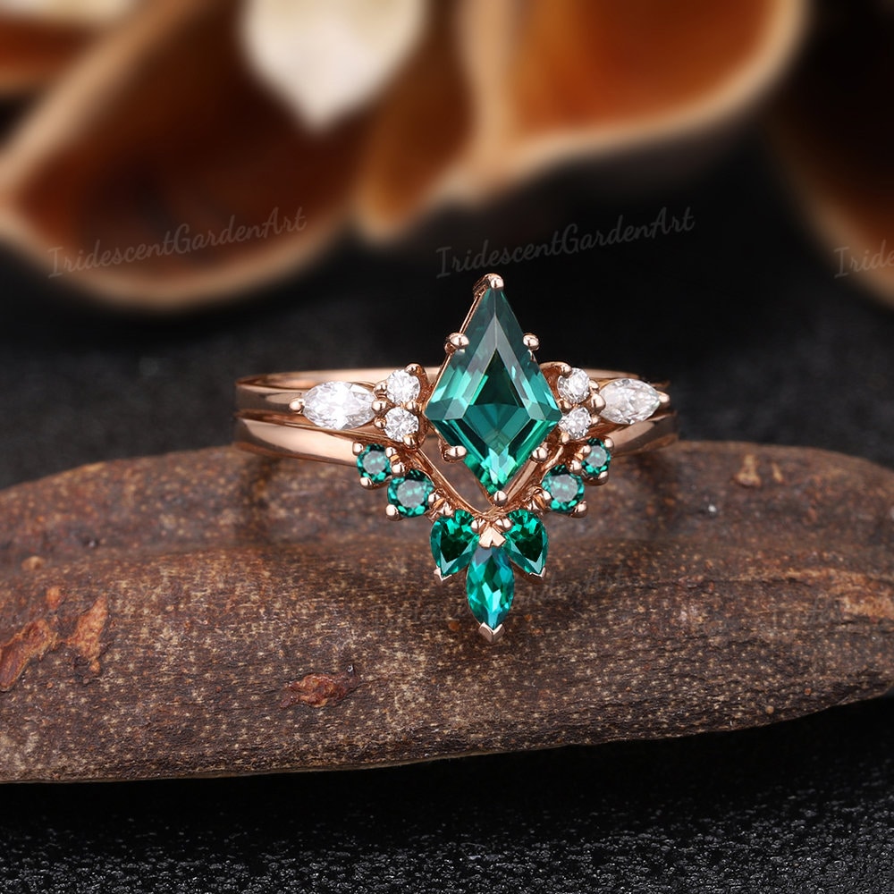 Unique Kite Emerald Engagement Ring Art Deco Moissanite