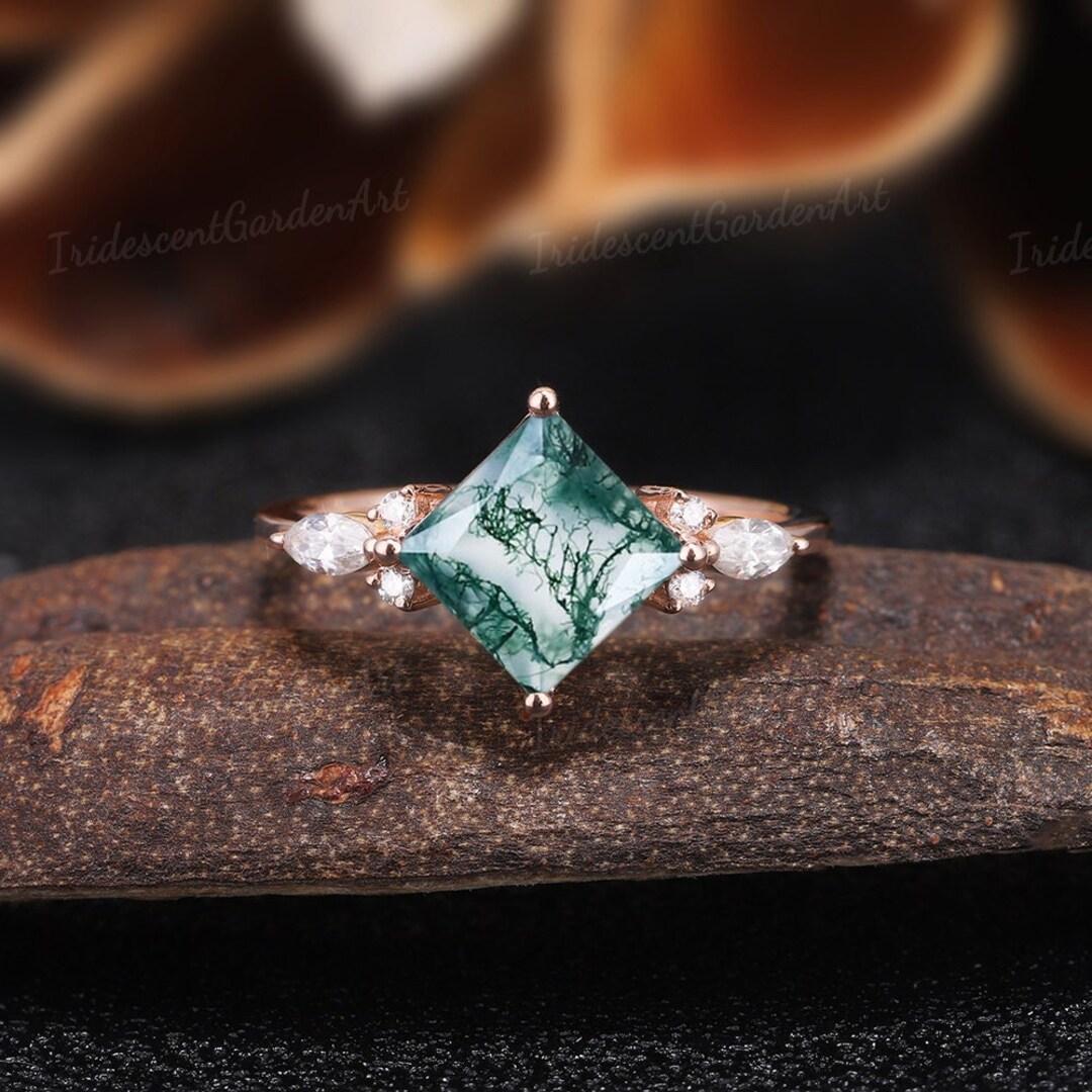 Vintage Princess Cut Moss Agate Engagement Rings Unique Rose