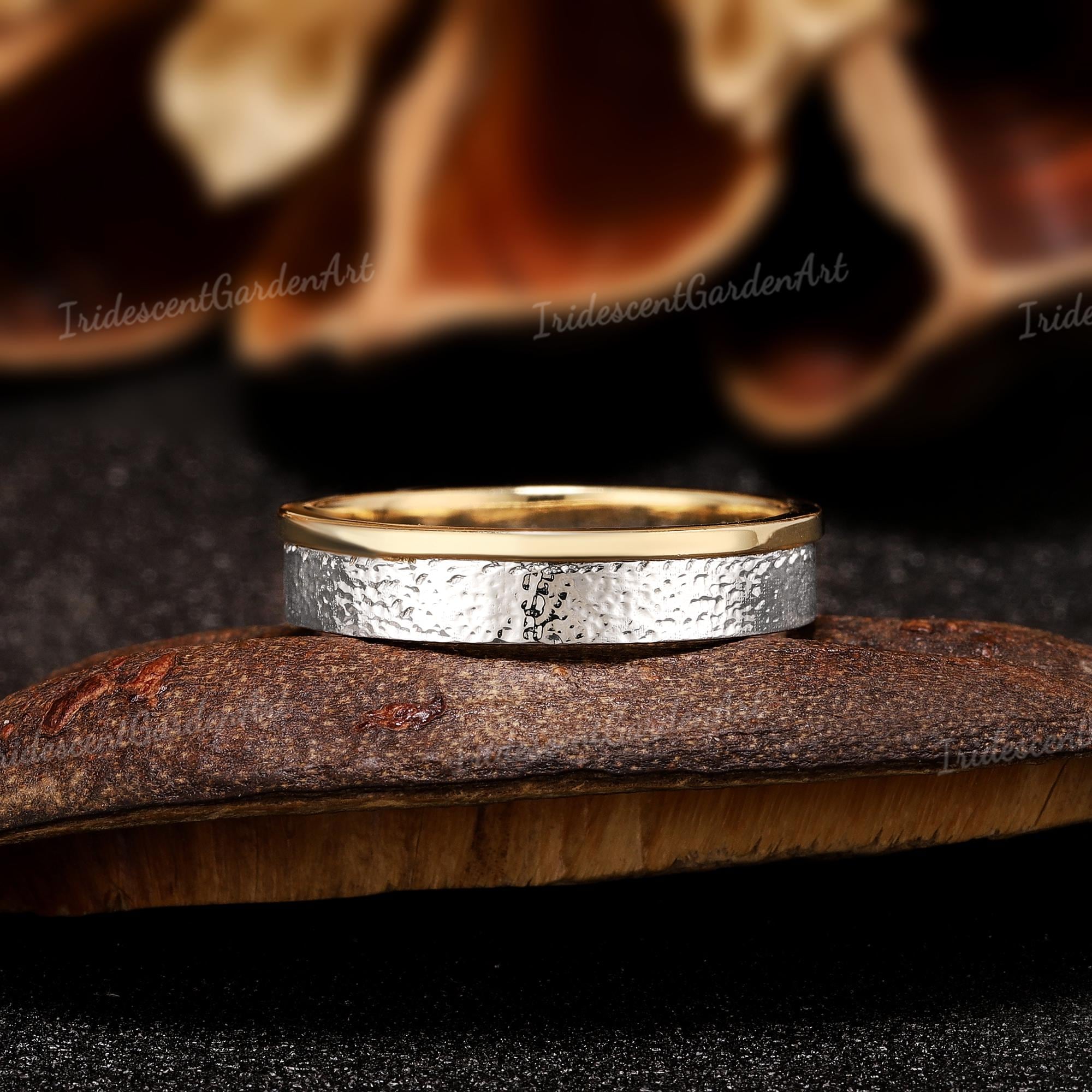 Two Tone Hammered Mens Ring Solid Gold Mens Wedding Band Stackable ...