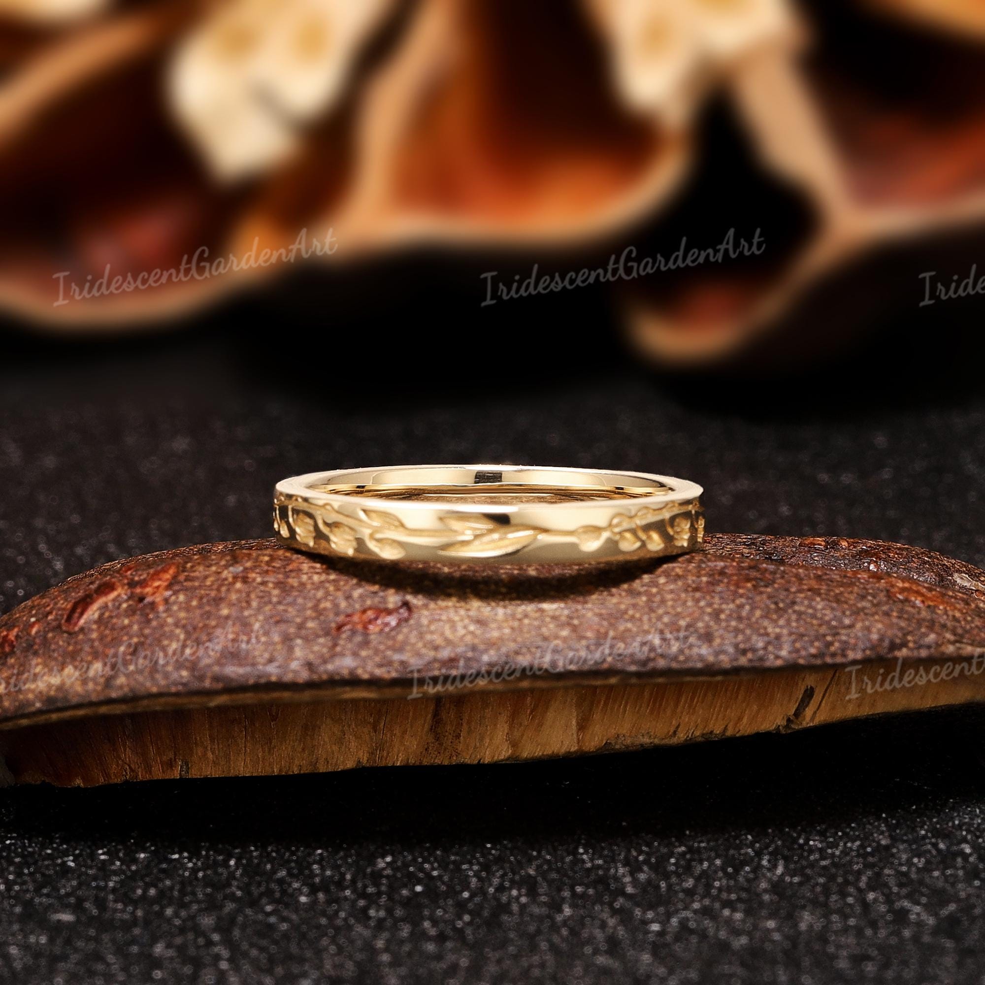 Lily of the Valley Ring Solid Gold Flower Engraved Band His and
