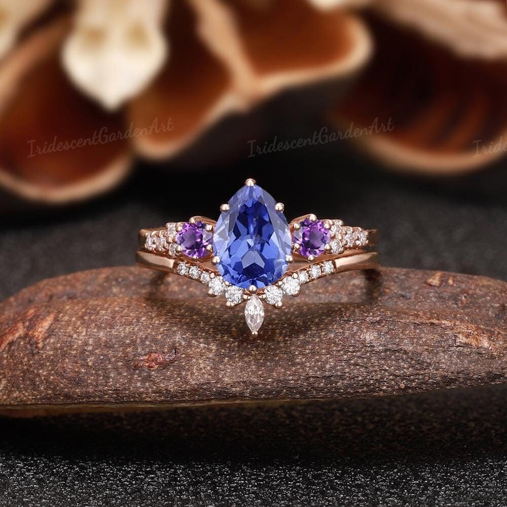 Pear Shaped Sapphire Engagement Ring Set Amethyst Ring Solid Gold Moissanite Wedding Ring Set September Birthstone Ring Sapphire Jewelry