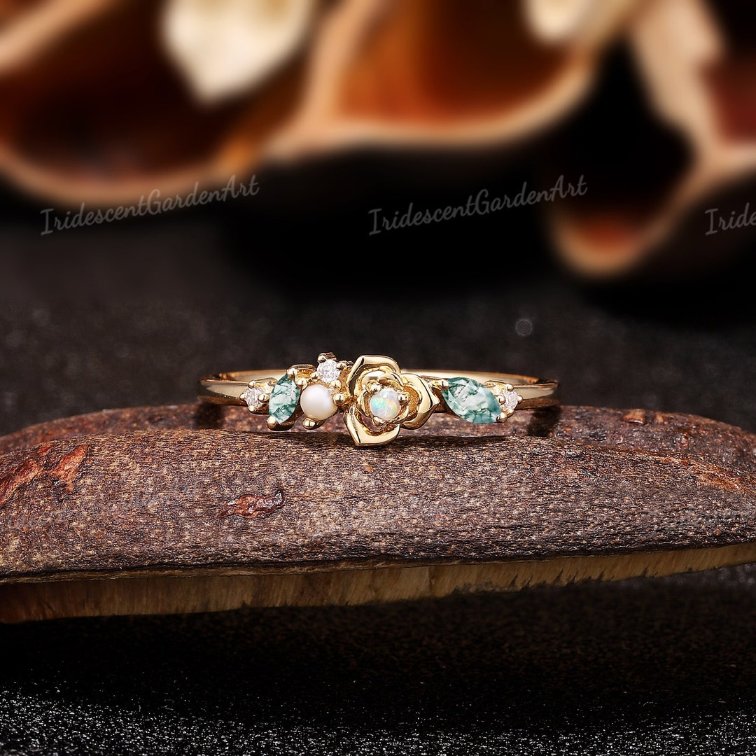 Dainty Opal Ring Gold Pearl Ring Nature Inspired Flower Ring Moss