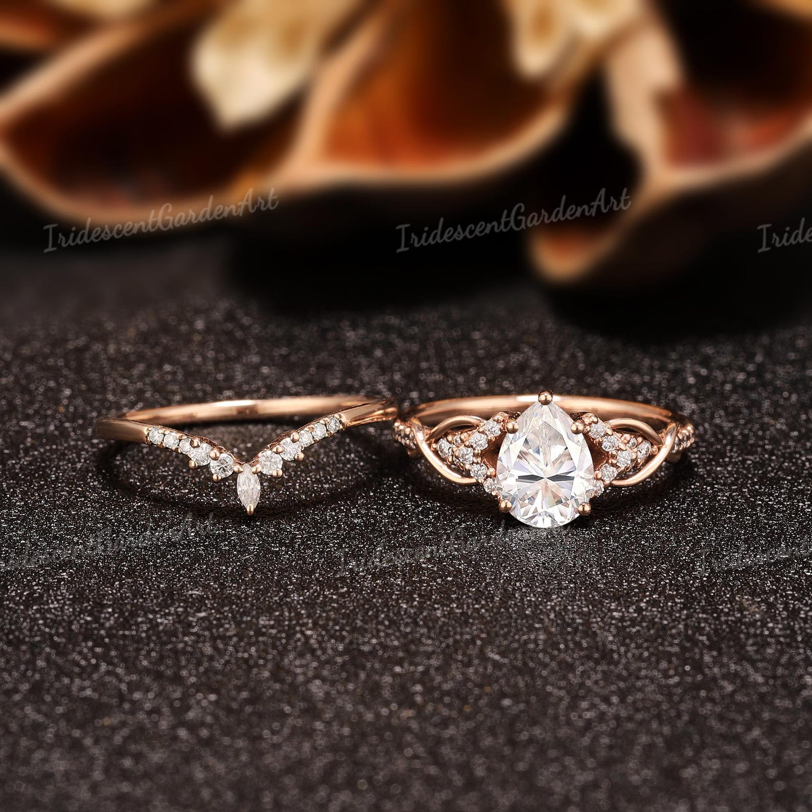 Vintage Moissanite Engagement Ring Set Solid Gold Moissanite Cluster ...