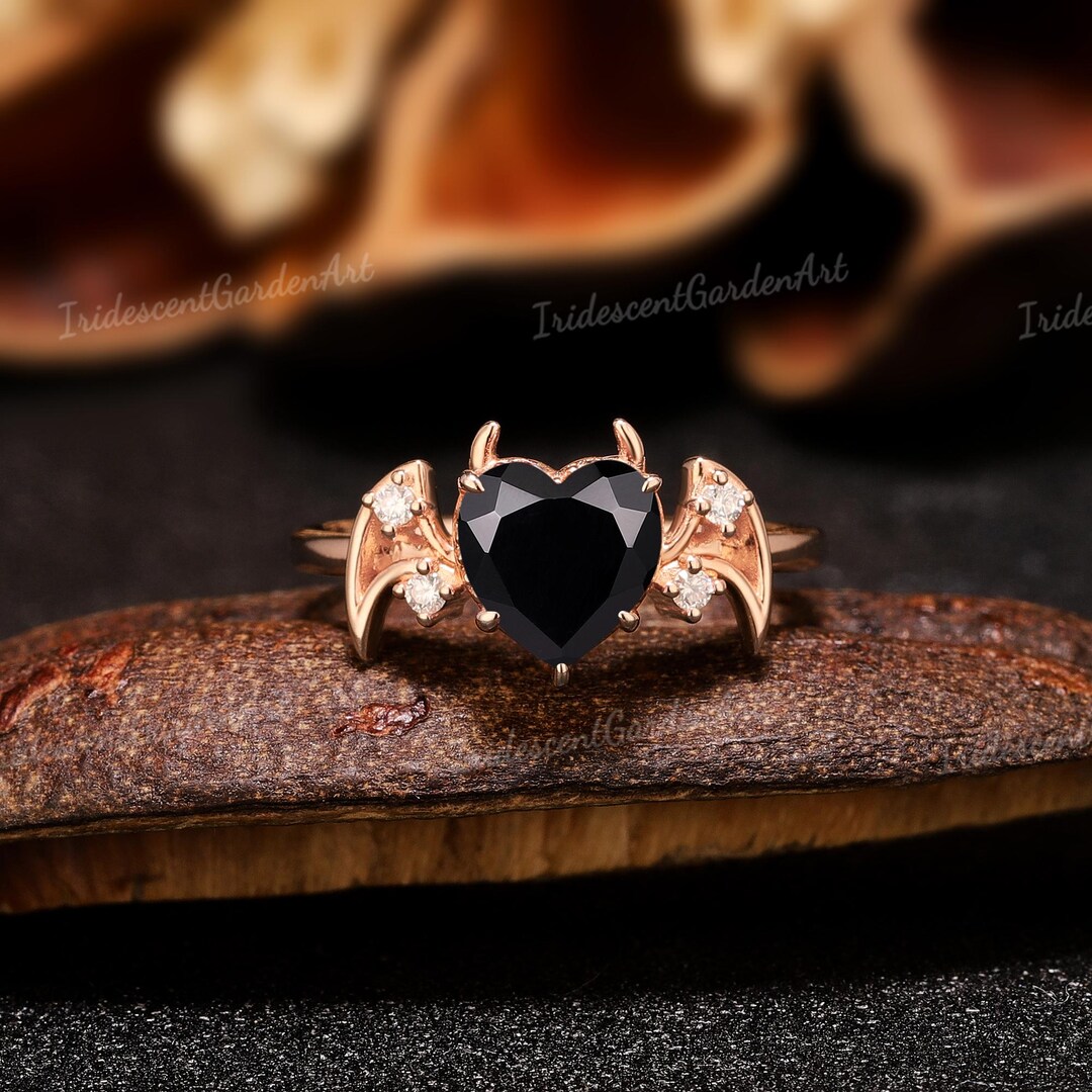 Devil Heart Black Onyx Engagement Ring Bat Wings Vampire Ring Gothic ...