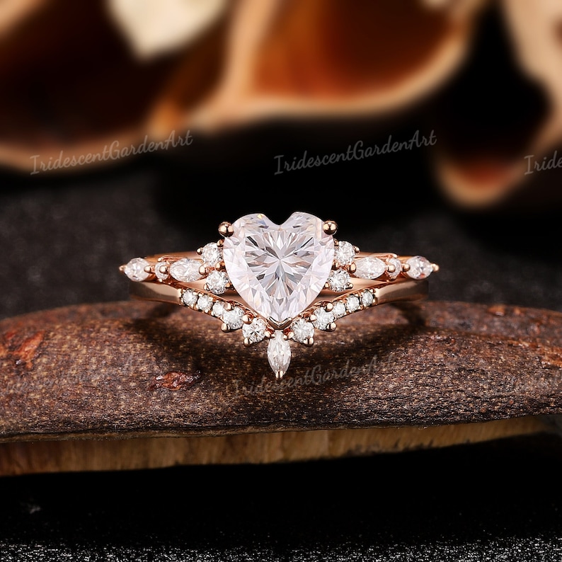 Heart Moissanite Engagement Ring Set Gold Moissanite Cluster Wedding ...