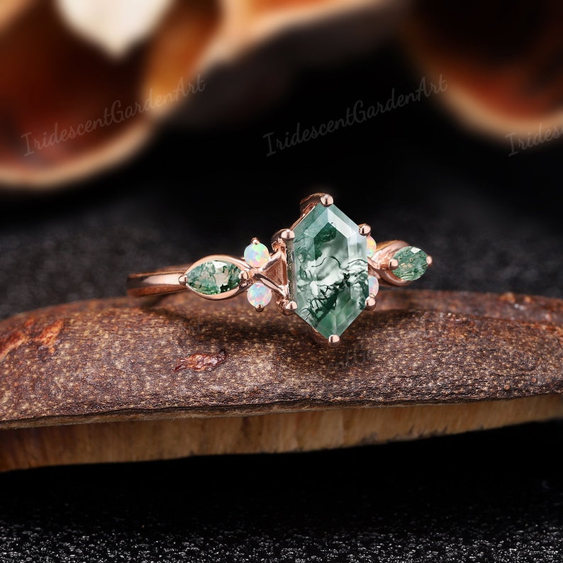 Vintage Moss Agate Opal Engagement Ring Unique Hexagon Rose Gold Wedding Rings for Women Promise Anniversary Gift for Her Handmade Jewelry image 4