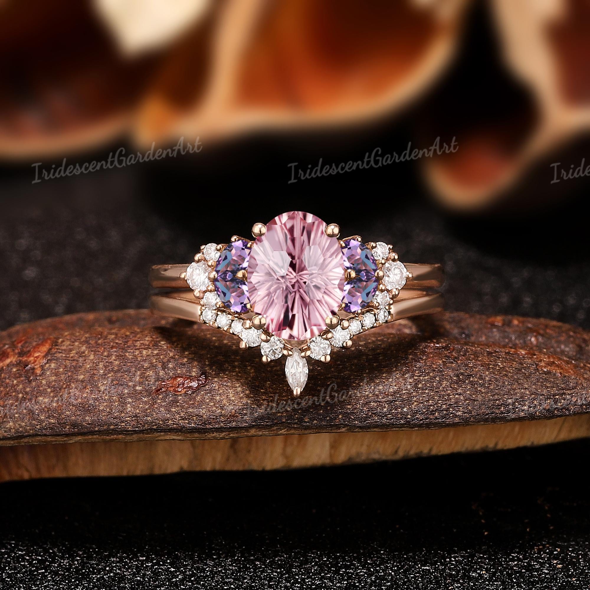Fireworks Cut Pink Sapphire Engagement Ring Set Amethyst Moissanite Wedding Ring Set September Birthstone Brilliant Pink Sapphire Jewelry
