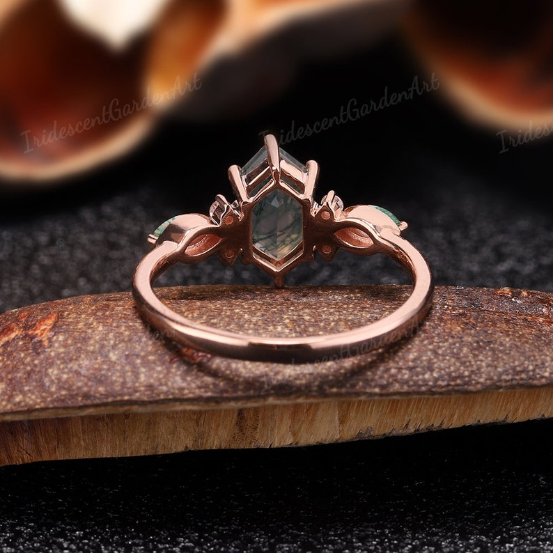 Vintage Moss Agate Opal Engagement Ring Unique Hexagon Rose Gold Wedding Rings for Women Promise Anniversary Gift for Her Handmade Jewelry image 6