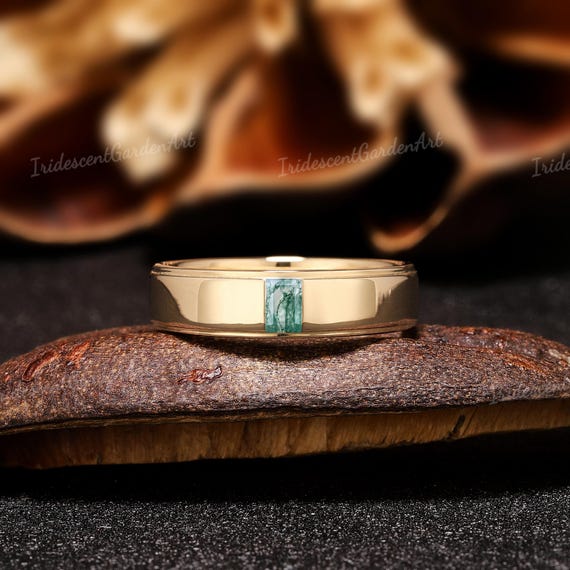 5MM Baguette Cut Moss Agate Mens Wedding Band 14K Solid Gold Mens Engagement Ring Polished Finish Band Anniversary Gift For Him