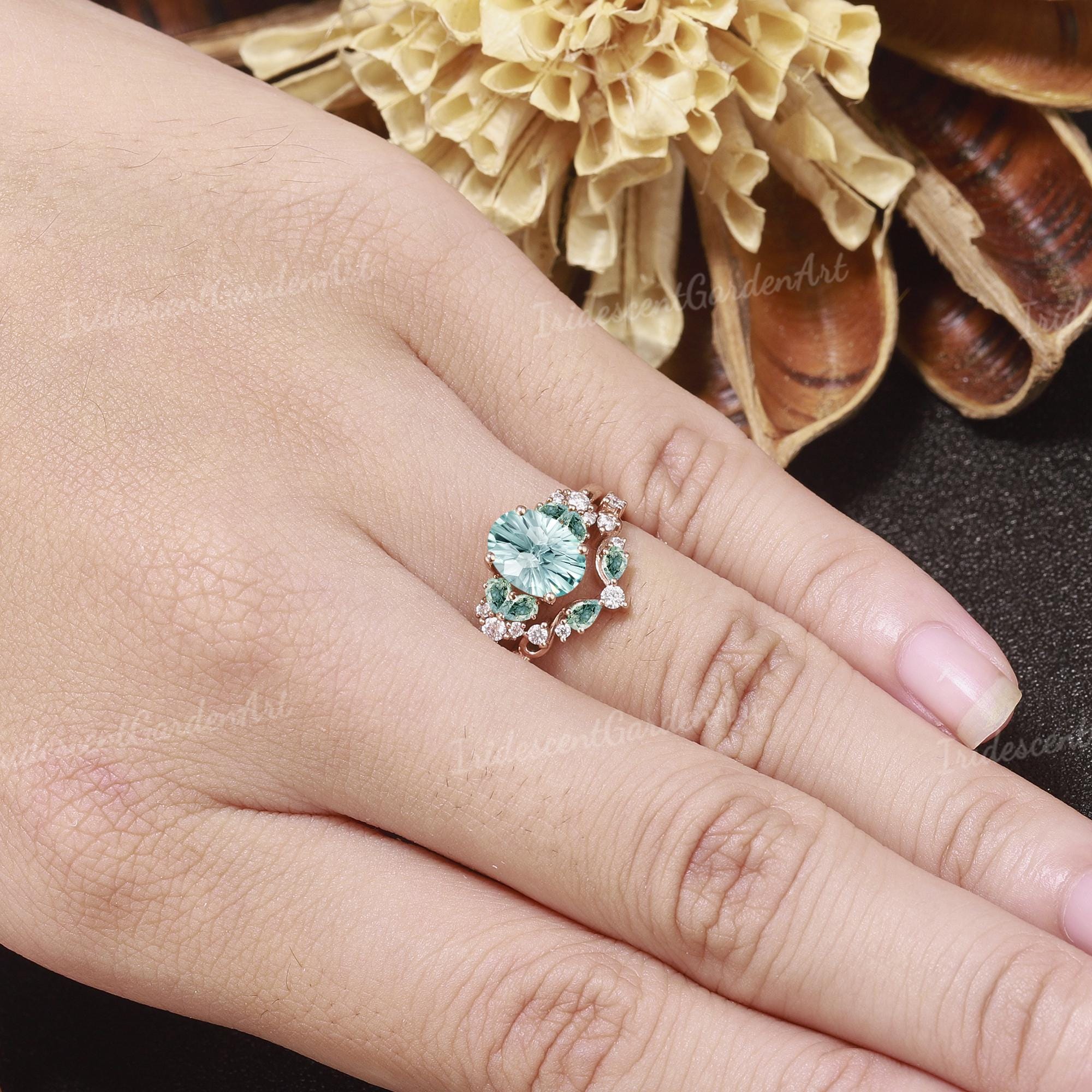 Fireworks Cut Green Sapphire Engagement Ring Set Dainty Moss Agate ...