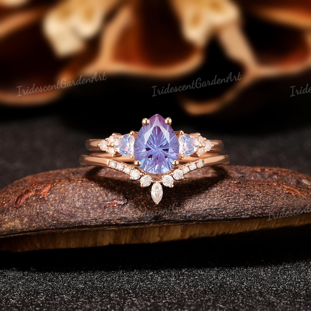 Fireworks Cut Alexandrite Engagement Ring Set Triangle Moonstone ...