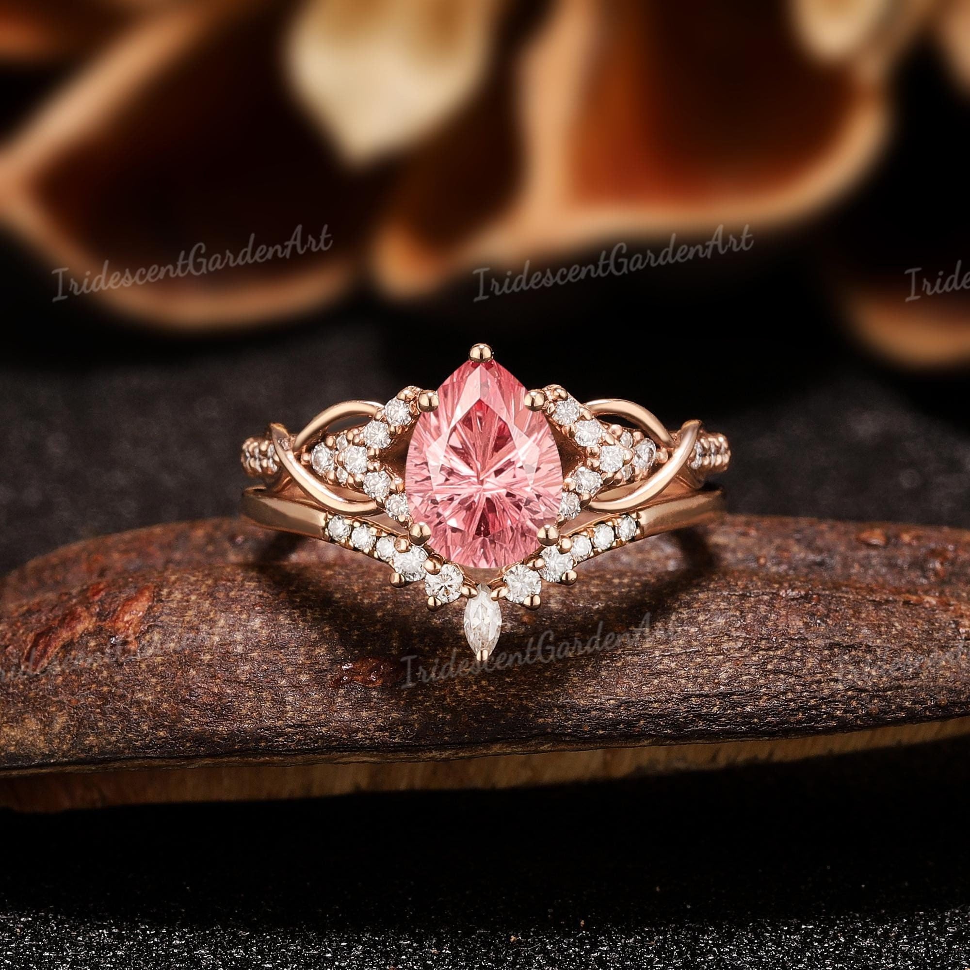 Fireworks Cut Pink Sapphire Engagement Ring Set Brilliant