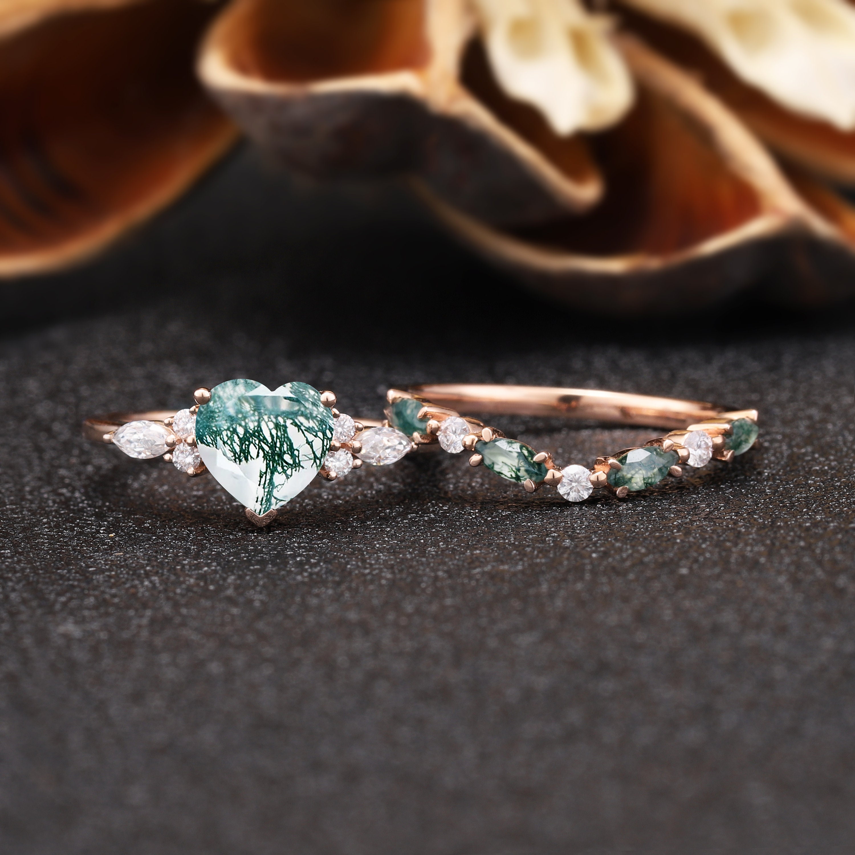 Unique Heart Cut Moss Agate Engagement Rings Natural Moss Agate ...