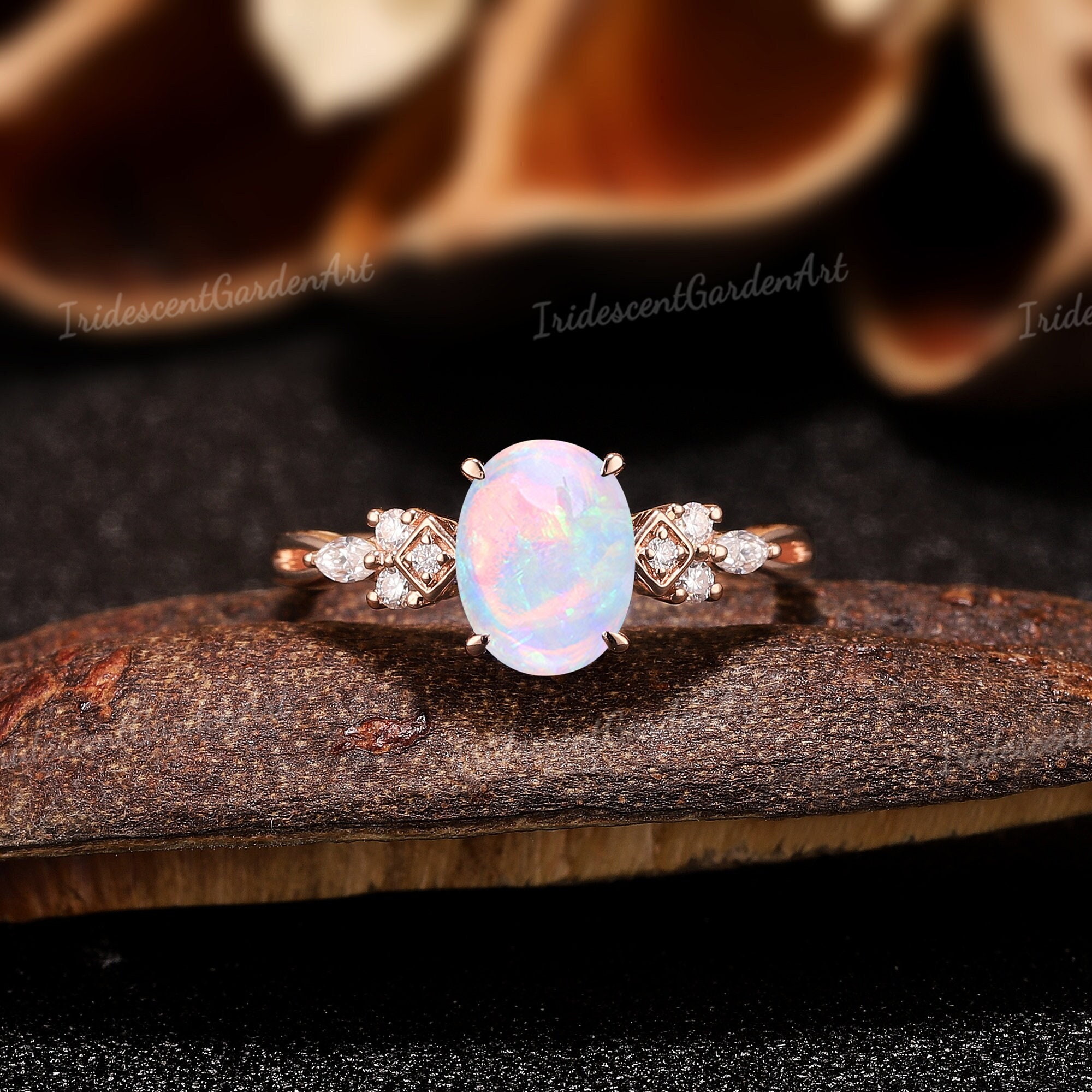 Dainty Natural Opal Engagement Ring Moissanite Cluster Gold Wedding Rings for Women Promise Anniversary Gift for Her Handmade Opal Jewelry