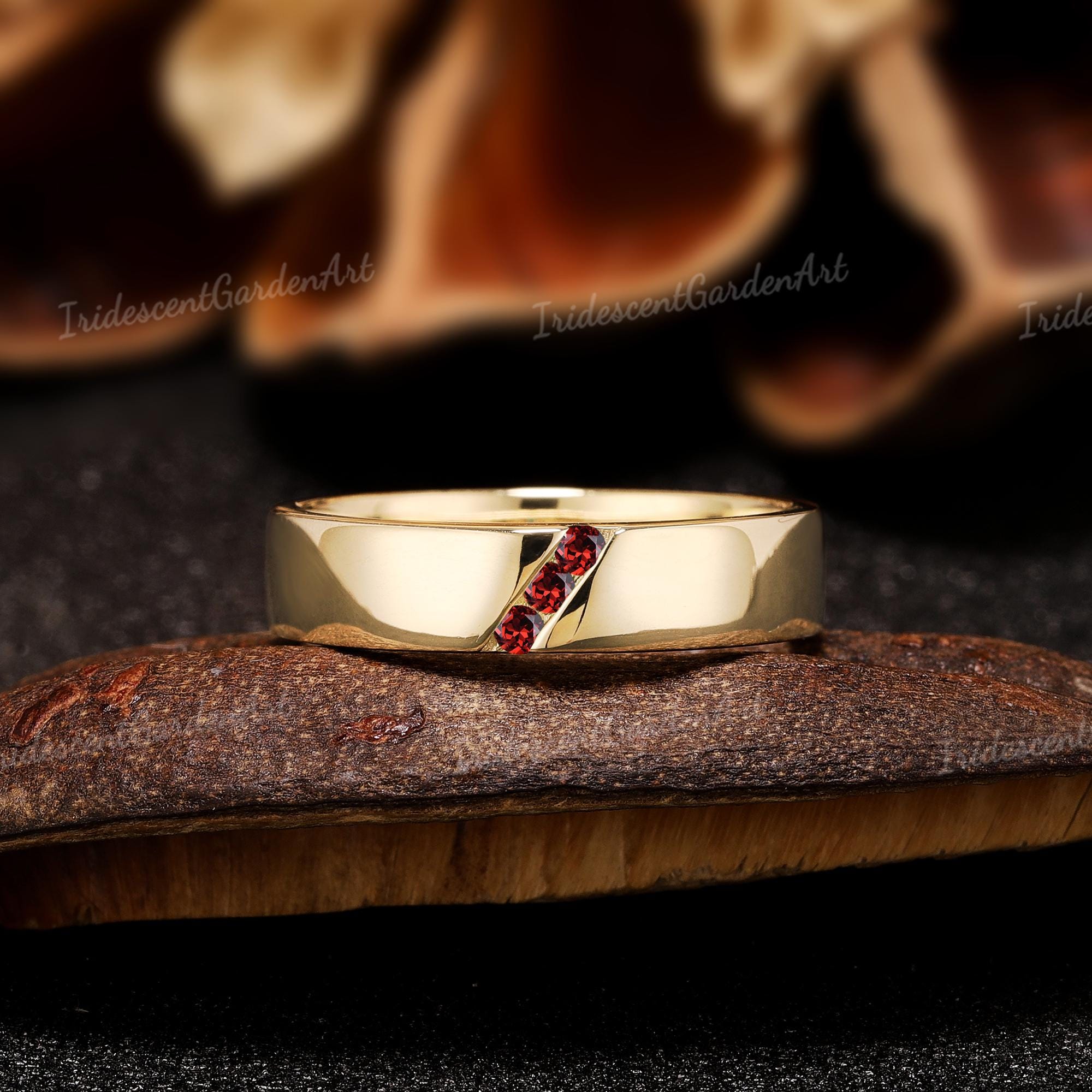 Garnet Mens Simple Wedding Band Solid Gold Couple Stackable Rings