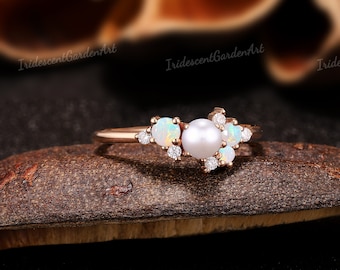 Akoya Pearl Engagement Ring Opal Ring Diamond Moissanite Cluster