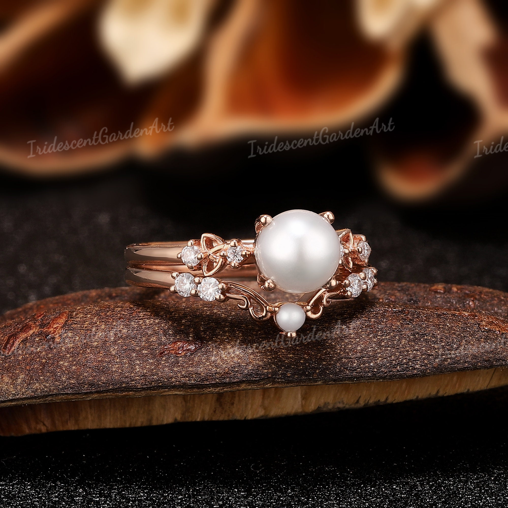 Akoya Pearl Engagement Ring Set Celtic Knot Gold Diamond Wedding