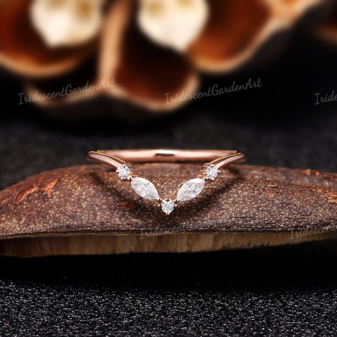 Vintage Curved Moissanite Wedding Band Marquise Moissanite Stacking ...
