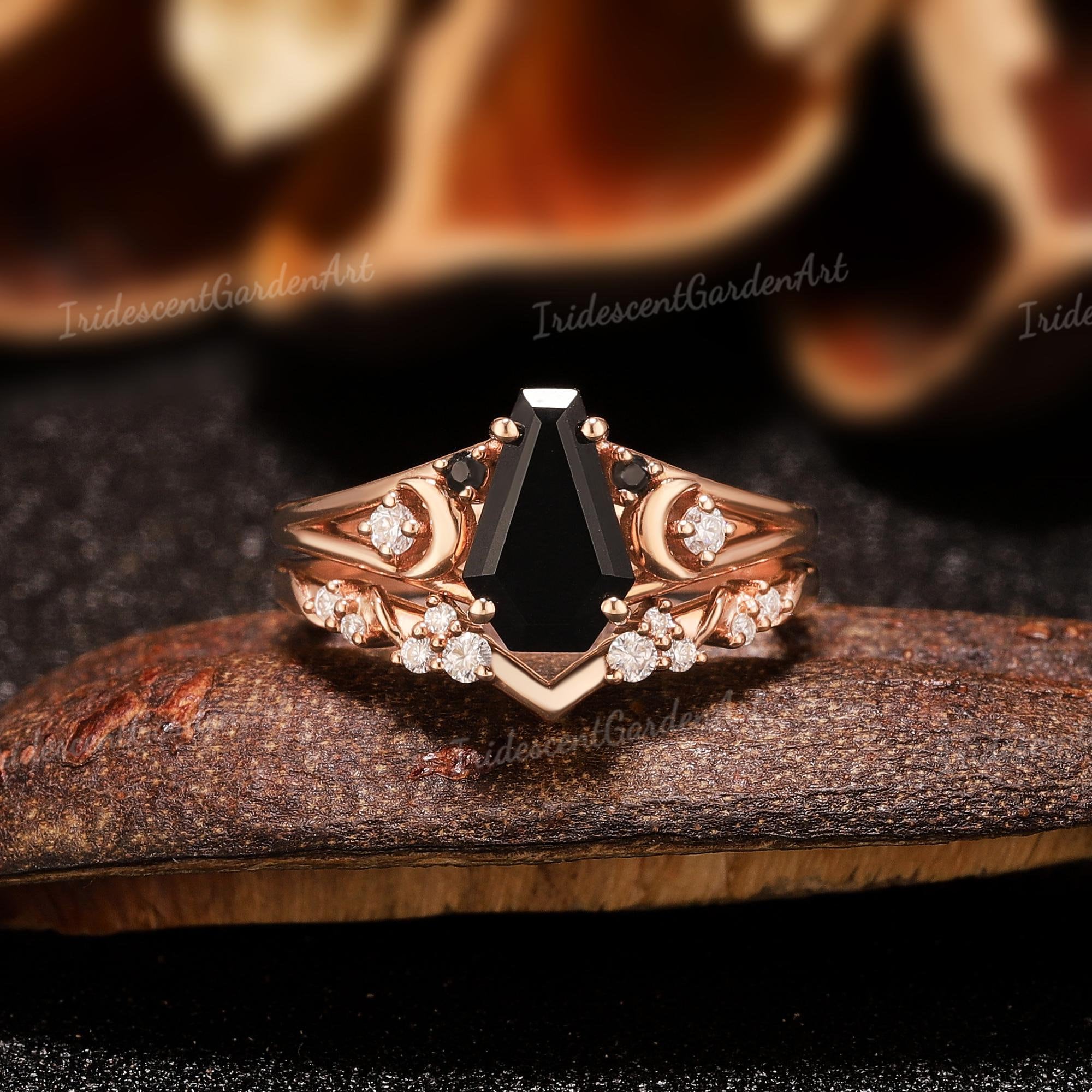 Coffin Shaped Black Onyx Engagement Ring Set Moon Ring Moissanite Curved Wedding Band Black Onyx Gemstone Wedding Ring Set Halloween Jewelry