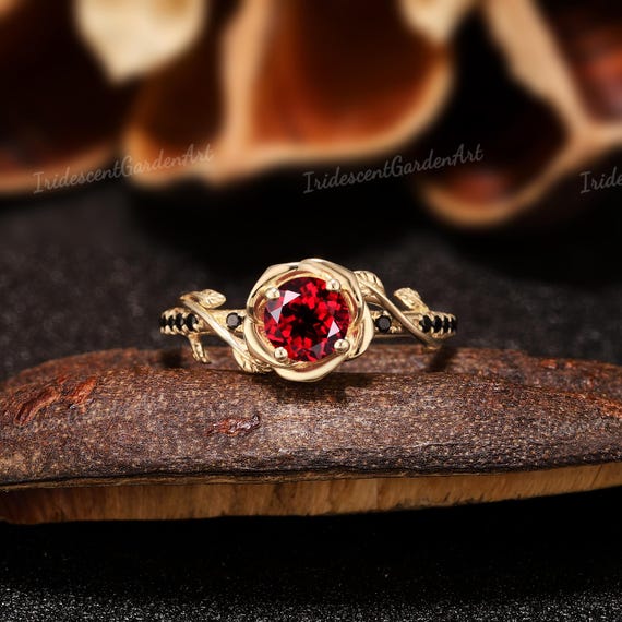 Rose Blume Rot Rubin Verlobungsring Set Massivgold Schwarz Onyx