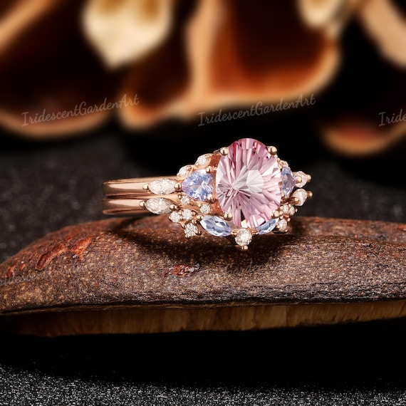 Fireworks Cut Pink Sapphire Engagement Ring Set Heart Lavender