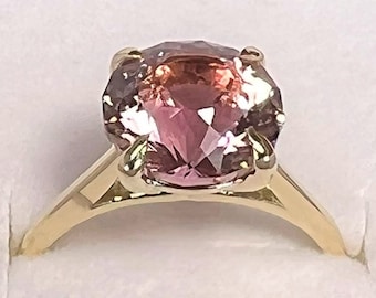 Pink Tourmaline Engagement Ring Precision Portuguese Cut Tourmaline Prong set in 14K Yellow Gold. Natural Tourmaline US Size 6-1/2