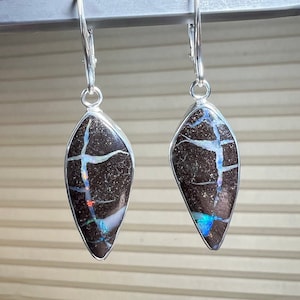 Fun Australian Boulder Opal Drop Earrings Set in Silver.