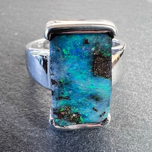 Large statement Australian boulder opal ring, half bezel set in sterling silver. US size 9 1/2 boulder opal ring.