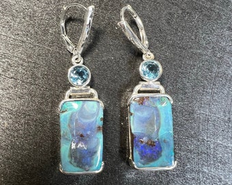 Beautiful Teal Boulder Opal With Swiss Blue Topaz  Drop Earrings. Lever Back Australian Boulder Opal Earrings.
