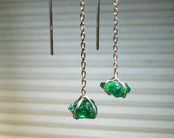 Tsavorite earrings set in 14k yellow or white gold. Pull through 14k gold Tsavorite garnet earrings. Green gemstone threader earrings.