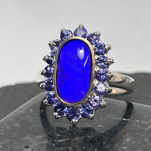 Royal Blue Boulder Opal & Sapphire Ring, 18K Gold, Sterling Silver