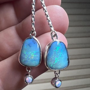 Boulder opal and crystal opal long drop sterling silver earrings with lever backs. October birthday Australian opal earrings!