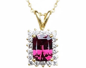 Emerald Cut Mahenge Garnet and Diamond 14K Yellow gold Pendant Necklace.