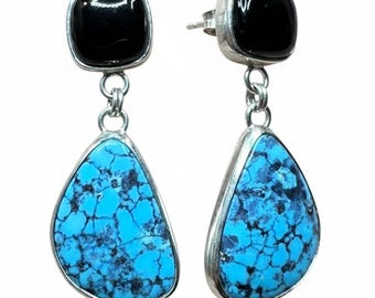 Cushion Onyx Spiderweb Turquoise Drop Earrings, Sterling Silver Bezel Handmade