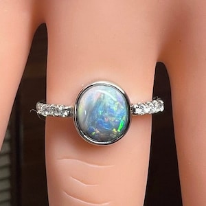 Black Opal and Diamond Ring in 14K White Gold. US size 7 1/4 Australian Black Opal Ring.
